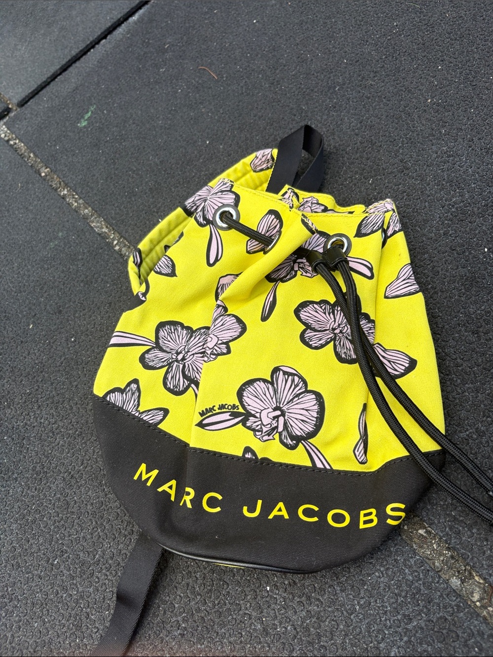 Marc Jacobs Yellow Floral Drawstring Backpack with Black Trim LIMITED EDITION
